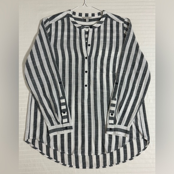 Lucky Brand Striped Tunic Mandarin Collar Top Henley Roll Tab Sleeves Medium - Picture 8 of 9